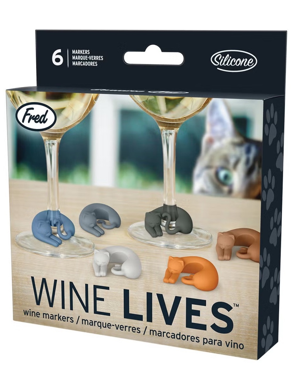 Fred Cat Wine Glass Markers – Assorted Blue, Gray, Black, White, Orange, Brown